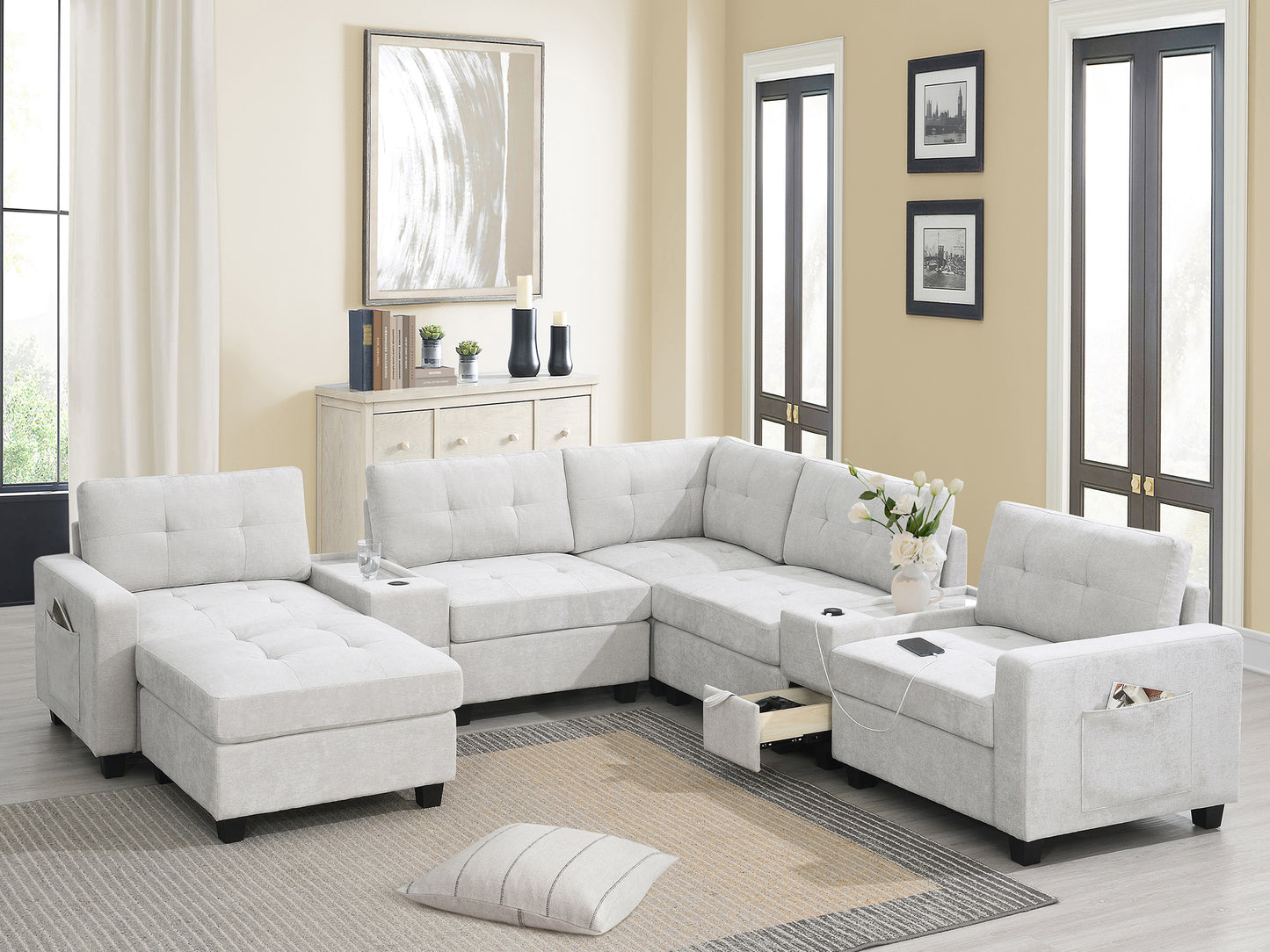 104'' Sectional Sofa with Acrylic Table Top,Chenille U Shaped Couch Set with 2 Consoles,USB Charger,Storage Drawers and Pockets,Movable Ottoman,Tufted Sofa for Living Room,Apartment,2 Colors