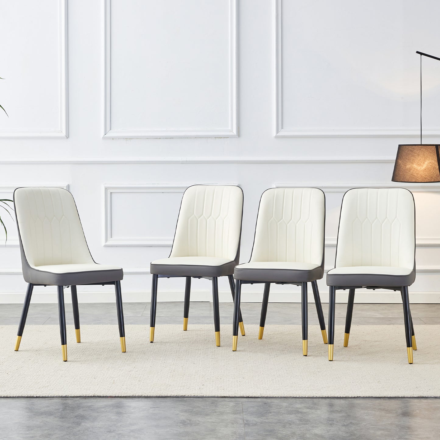Large modern minimalist rectangular dining table with 0.39 "imitation marble black tabletop and golden metal legs, paired with chairs with PU cushions and black metal legs. F-1538 C-007