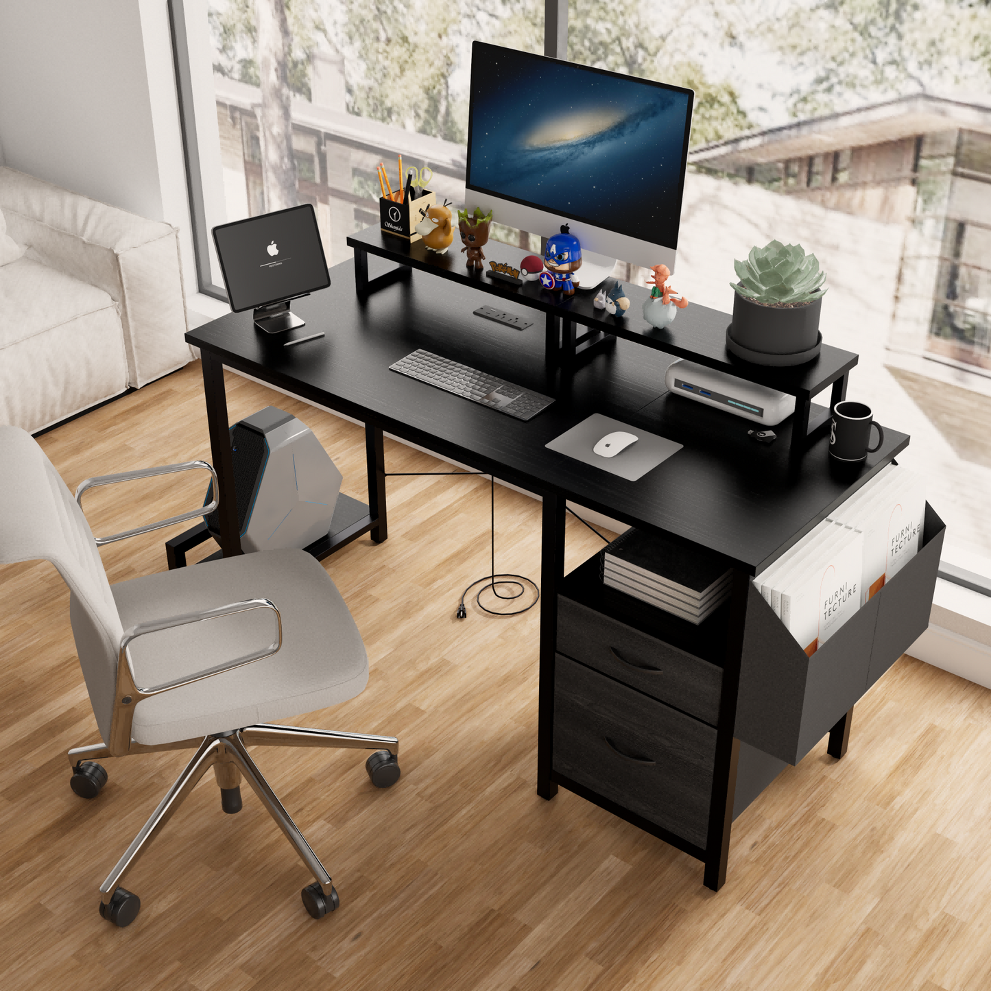 47.3' Computer Desk with power outlet,Monitor Stands,Shelves, Office Desk/Writing Table/Gaming desk With drawers,Large Side Pocket and Hooks,Easy to Assemble,Frame stability Reversible,Black
