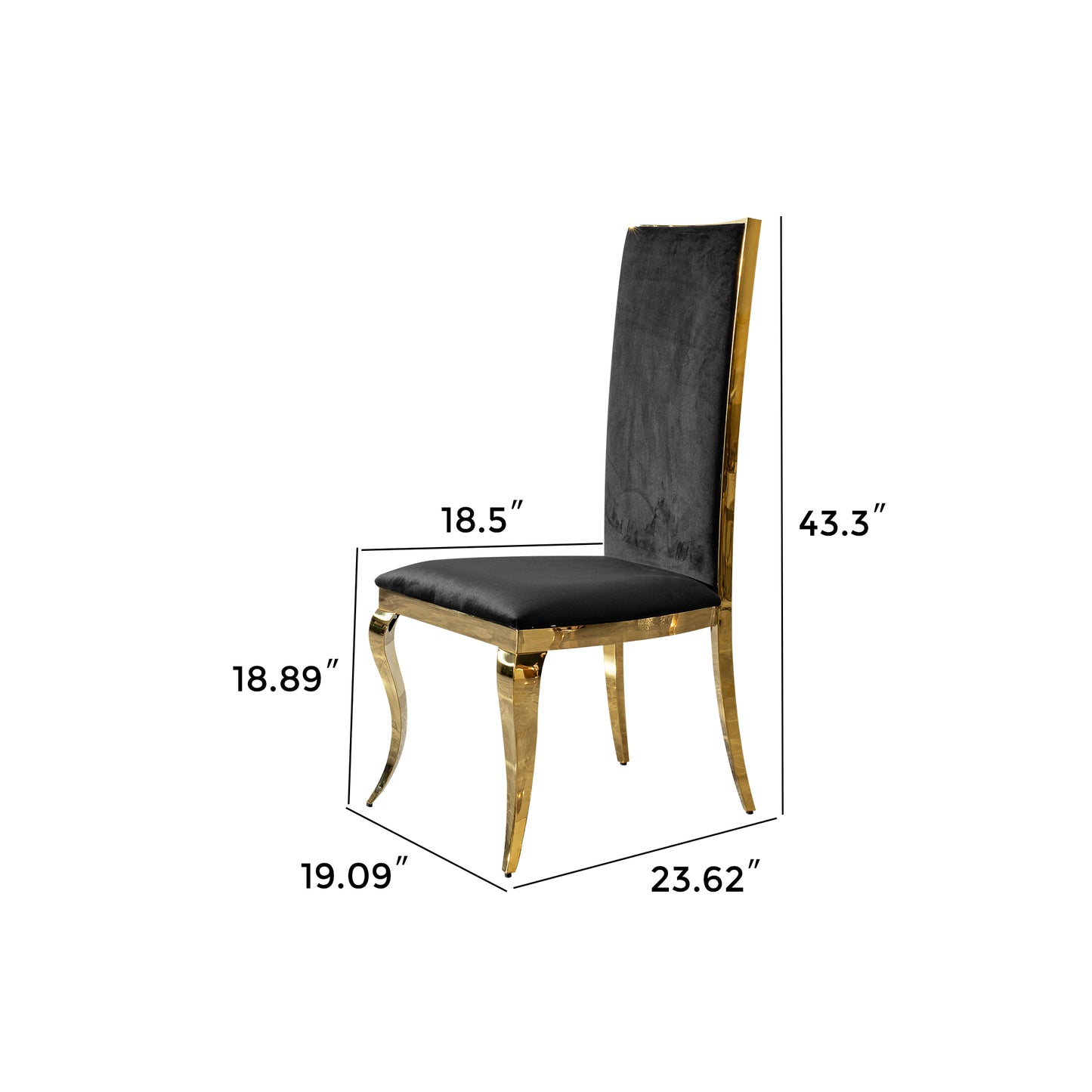 Dining chair black velvet with unique design backrest set of 2,mirror gold stainless steel legs