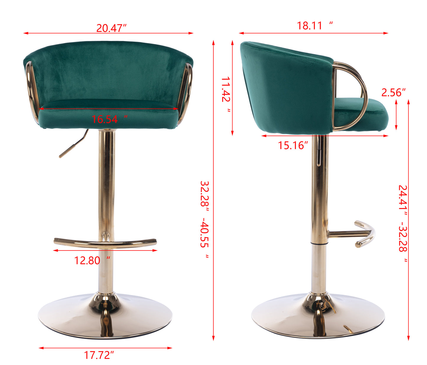 Set of 2 Bar Stools,with Chrome Footrest and Base Swivel Height Adjustable Mechanical Lifting Velvet + Golden Leg Simple Bar Stool-Green