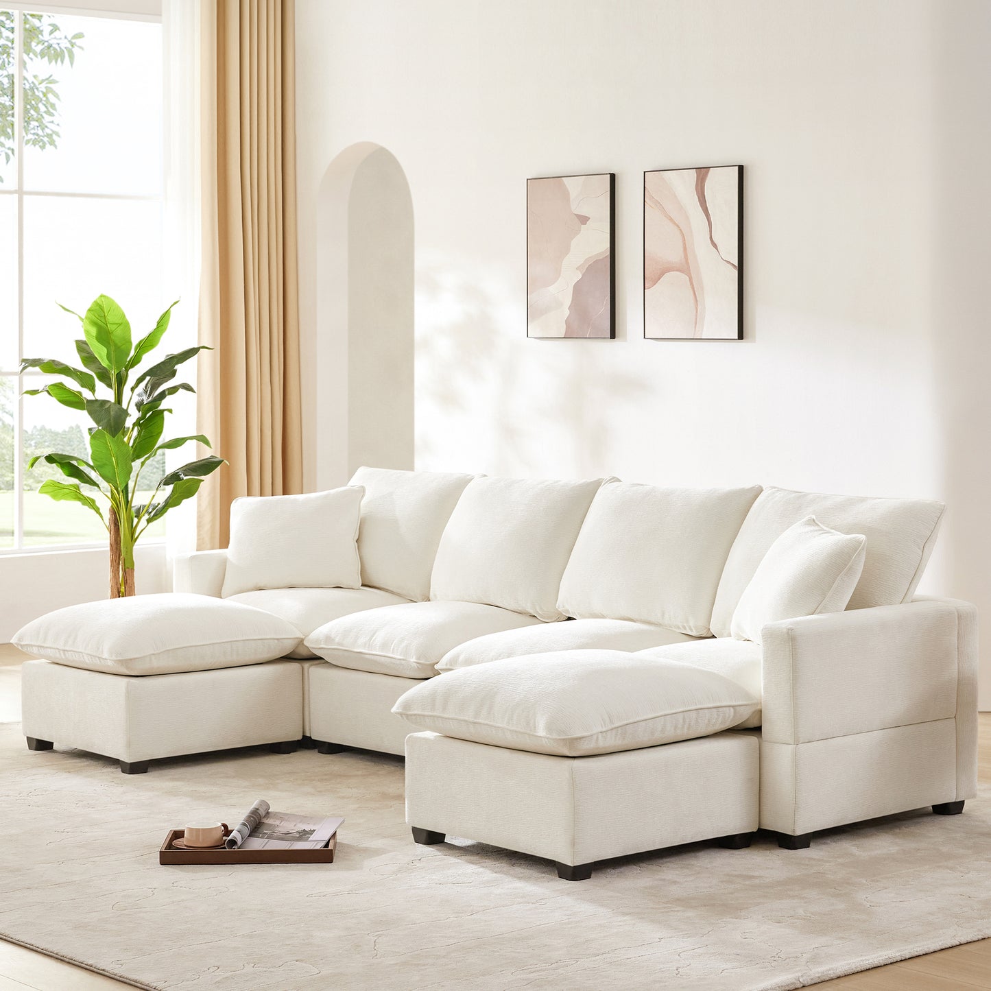 110*57" Modern U Shape Modular Sofa, 6 Seat Chenille Sectional Couch Set with 2 Pillows Included, Freely Combinable Indoor Funiture for Living Room, Apartment, Office, 2 Colors
