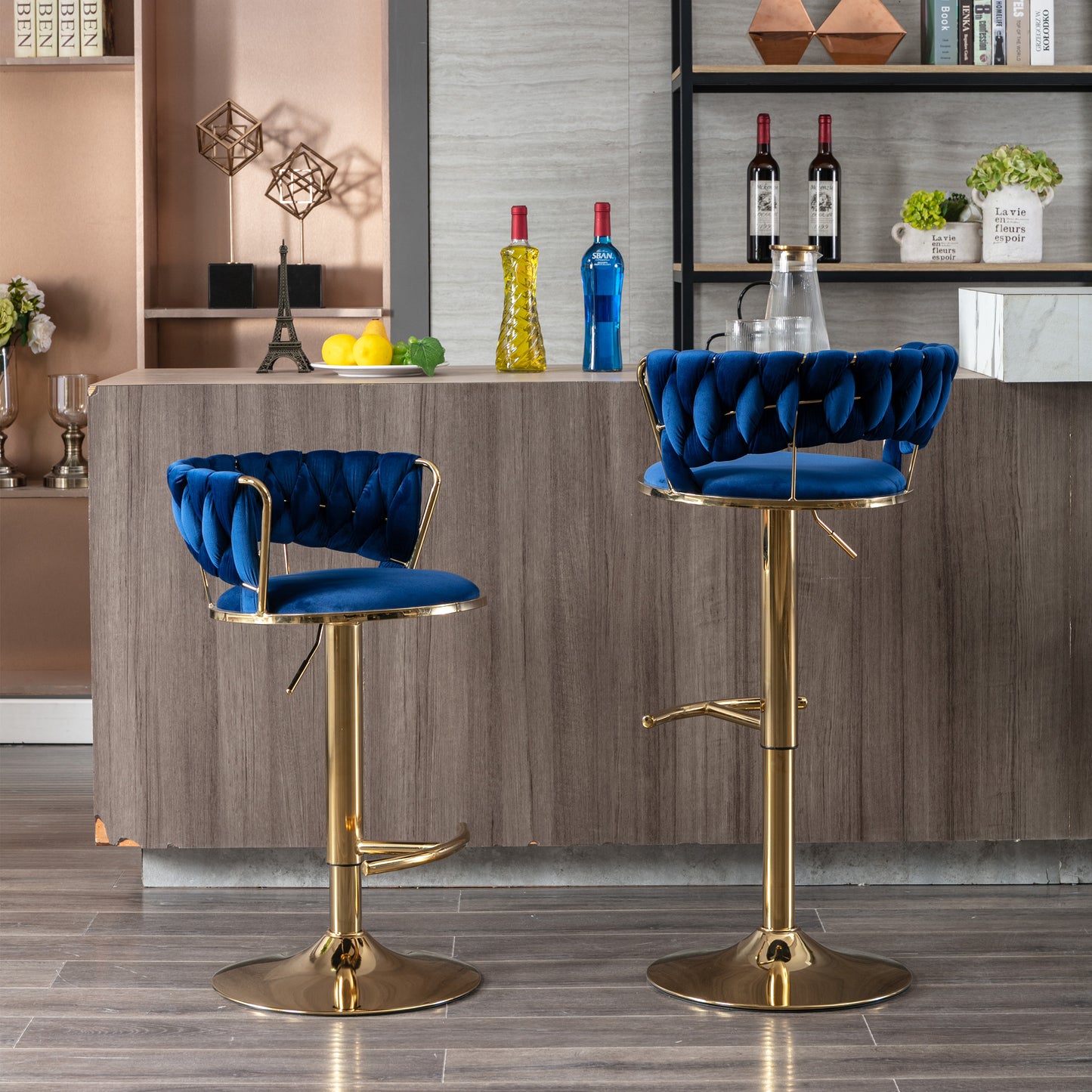 Set of 2 Bar Stools,with Chrome Footrest and Base Swivel Height Adjustable Mechanical Lifting Velvet + Golden Leg Simple Bar Stool-BLUE