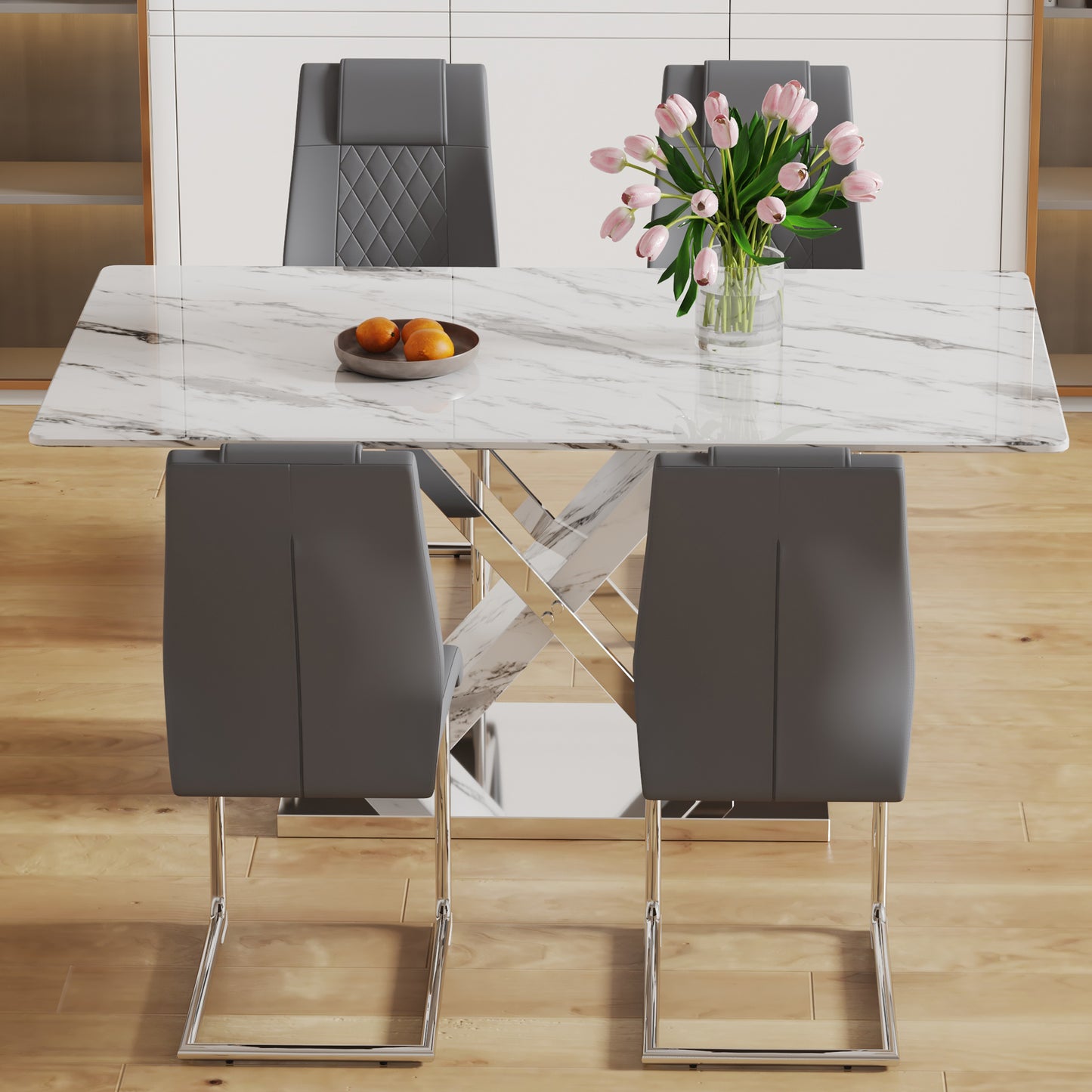 Table and chair set, modern dining table, imitation marble white top and silver legs, soft and comfortable dining chair, perfect for dinner, meetings, home and office decor