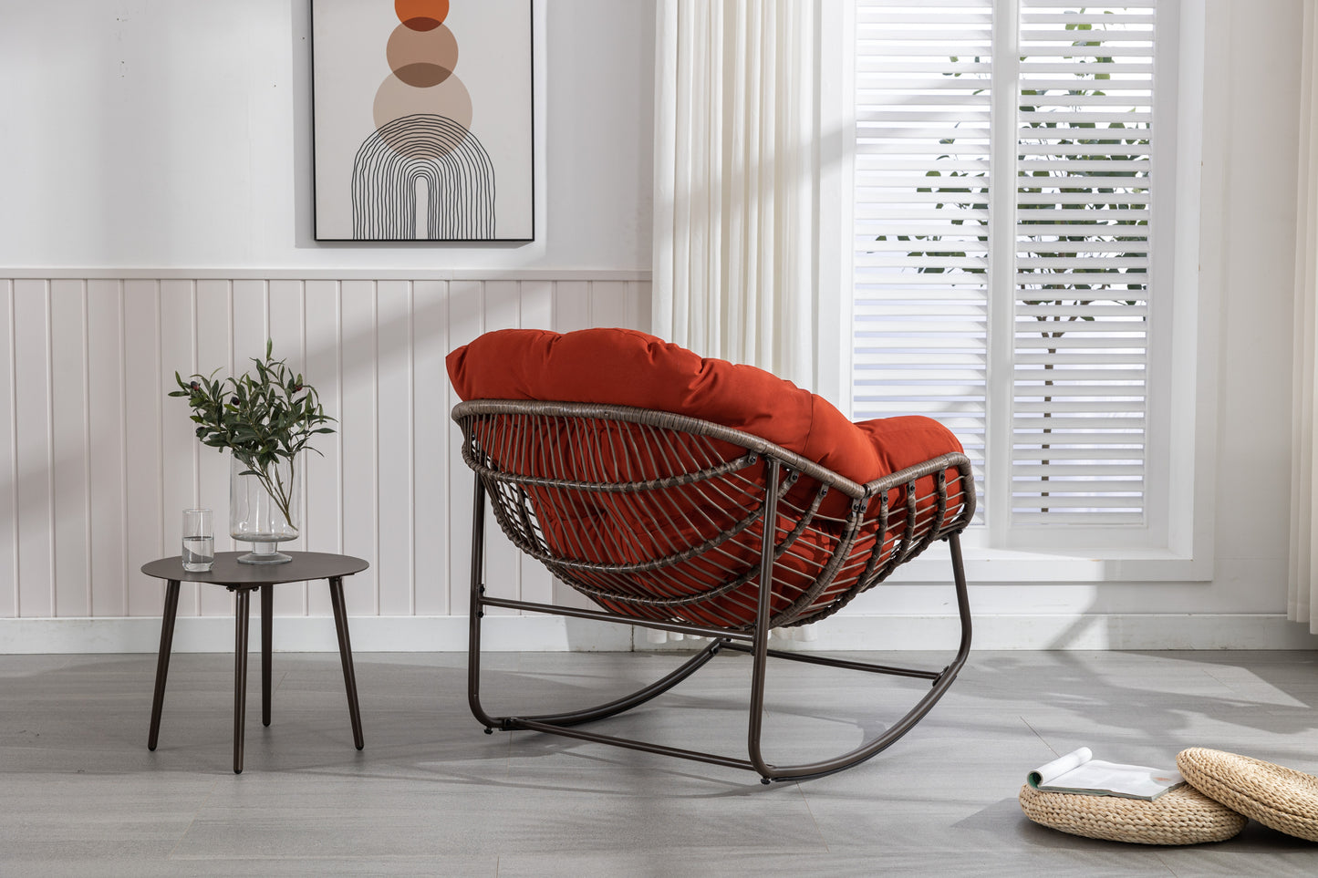 Mecedora de ratán para exterior, con cojín acolchado, reclinable, para porche, sala de estar, patio y jardín, color naranja