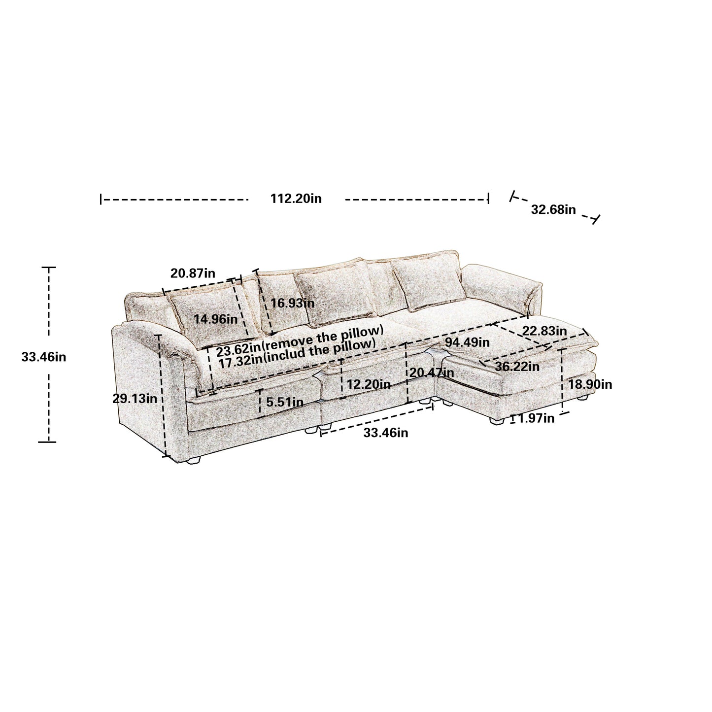 Modern Large L-Shape Sectional Chenille fabric, movable pedals, detachable armrests, oversized three-seat Sofa