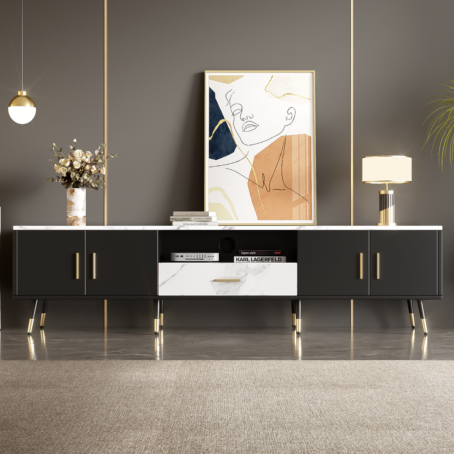 71'' Modern TV Stand with 2 Cabinets& Open Compartments, Entertainment Center for TVs up to 80'', Television Console for Living Room, Bedroom, Home Theatre