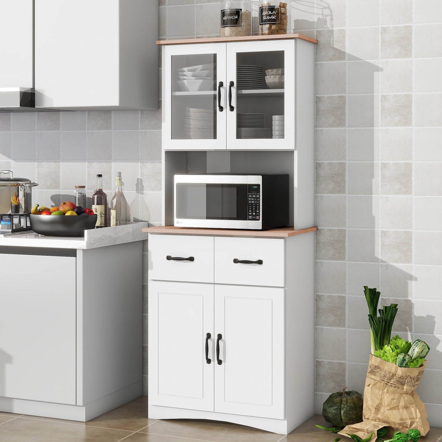 Gabinete de cocina de madera blanco para despensa, armario para microondas con puertas de vidrio enmarcadas y cajón.