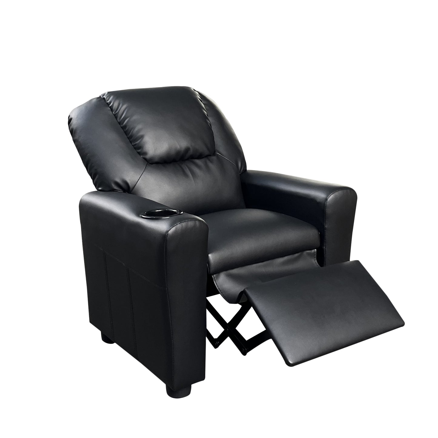 Sillón reclinable infantil Marisa de 22" de cuero sintético negro con portavasos