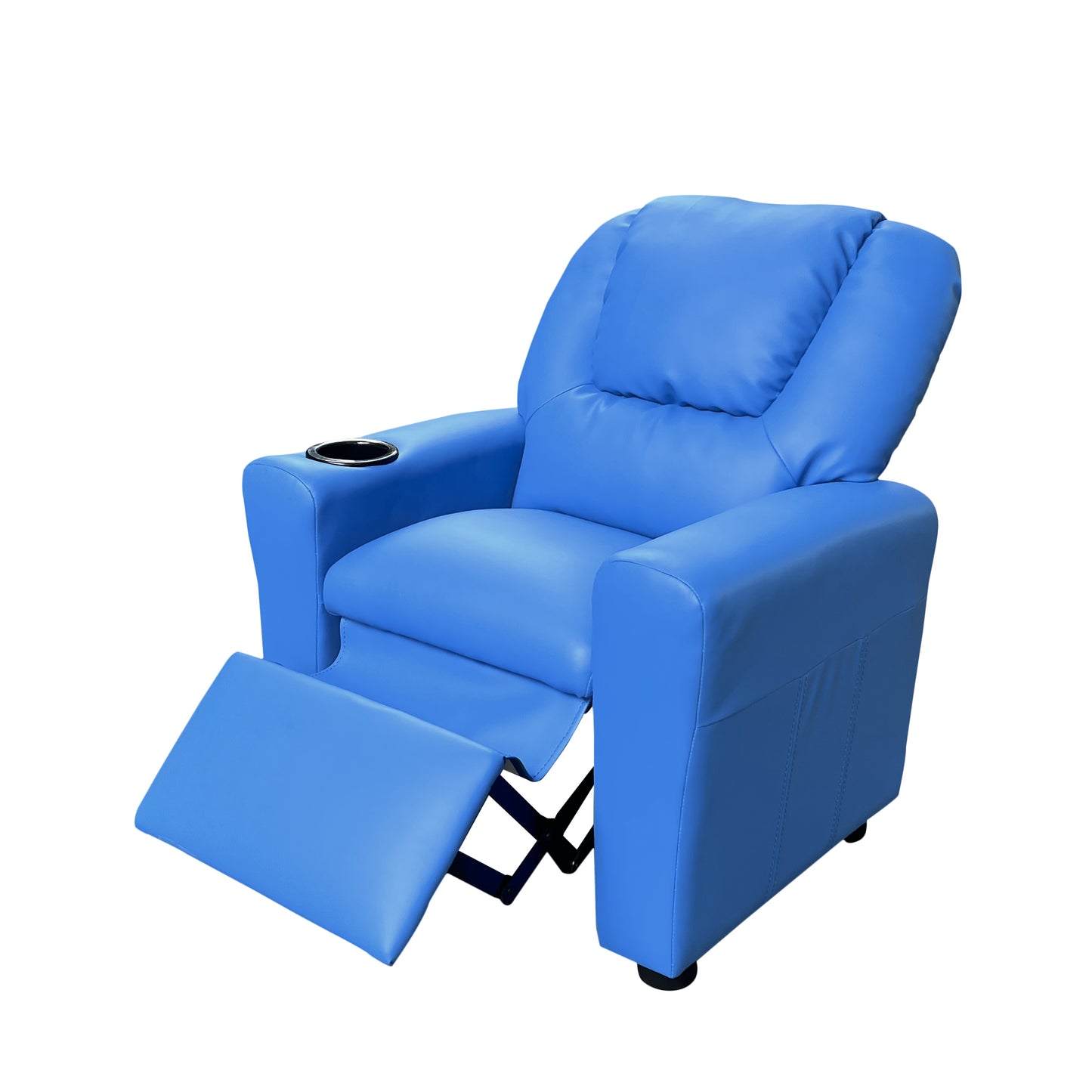Sillón reclinable infantil Marisa de 22" de piel sintética azul con portavasos