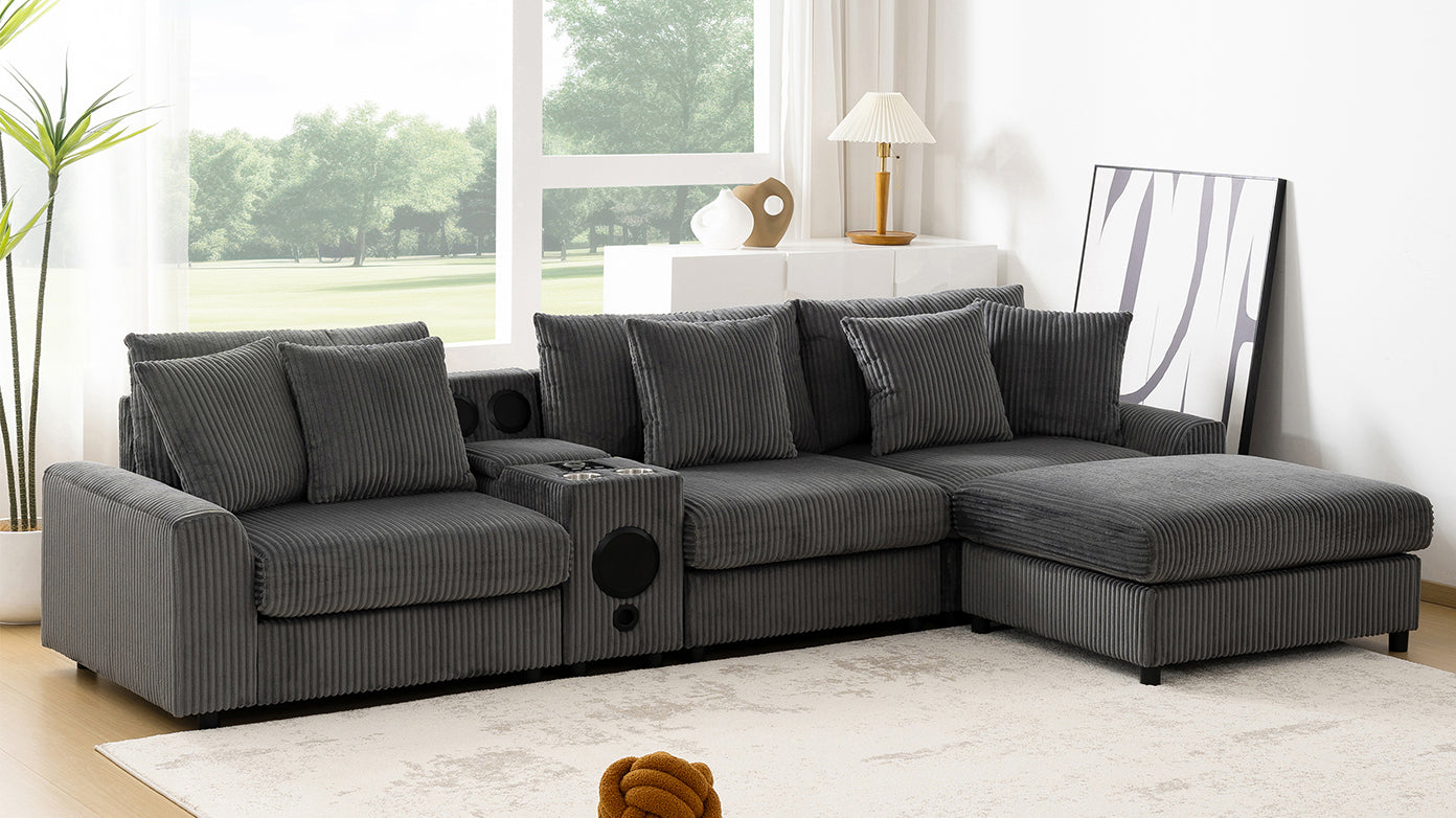 114*64'' Corduroy Sectional Sofa with Bluetooth Speakers,L Shaped Couch with Console,USB Charger,Cup Holders,Storage,Ottoman,Deep and Wide Seat Cloud Sofa for Living Room,Apartment,2 Colors