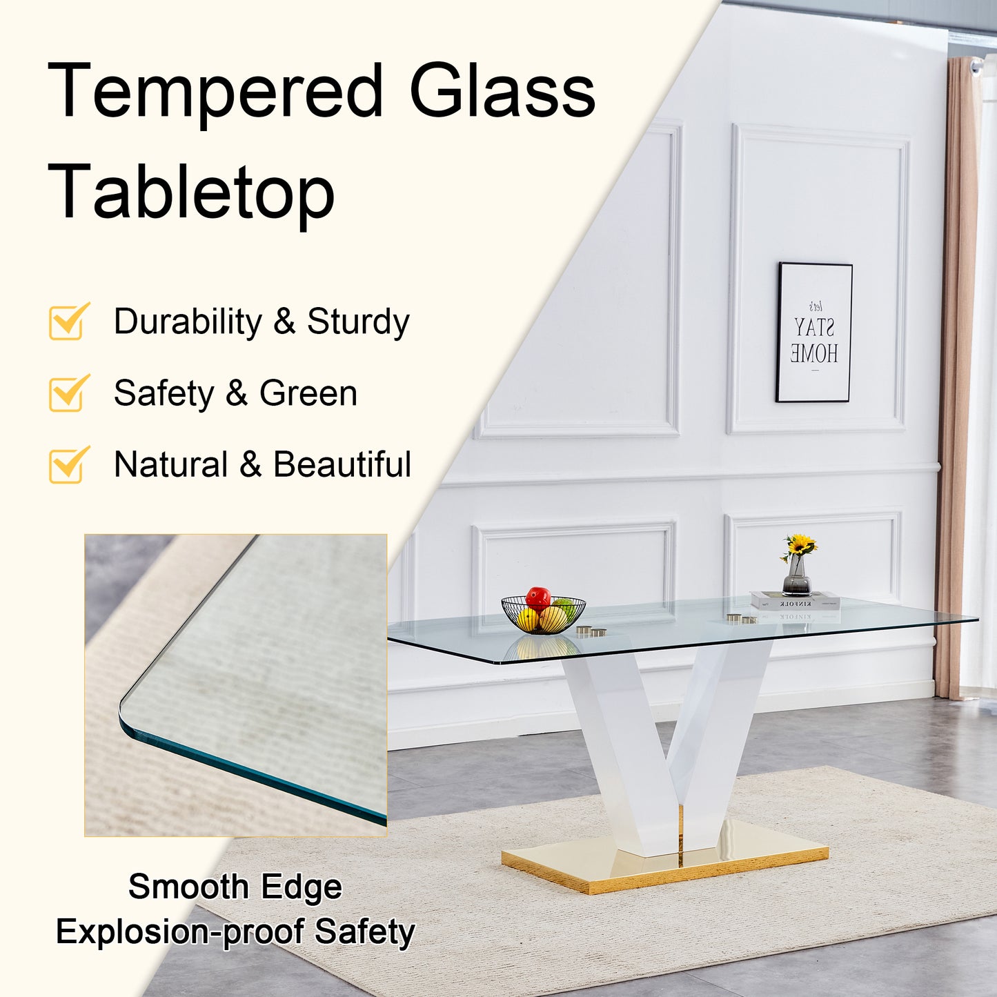 Table and chair set.Subtle Luxury Clear Tempered Glass Dining Set - 71"x35.4" with 6 Light Gray PU Chairs.C-tube Gold Metal Chair Legs.Bring a comfortable home experience to the kitchen, bedroom.