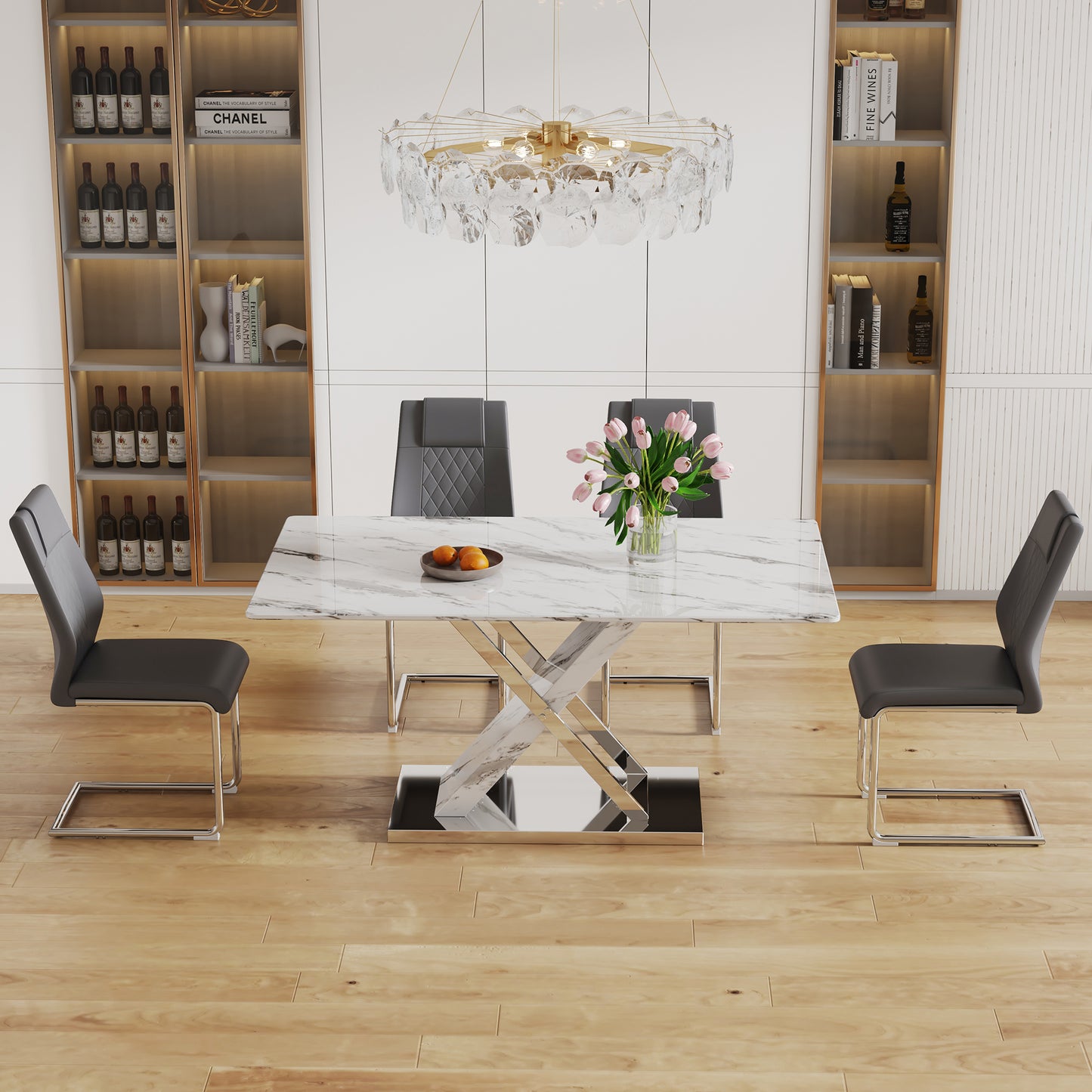 Table and chair set, modern dining table, imitation marble white top and silver legs, soft and comfortable dining chair, perfect for dinner, meetings, home and office decor