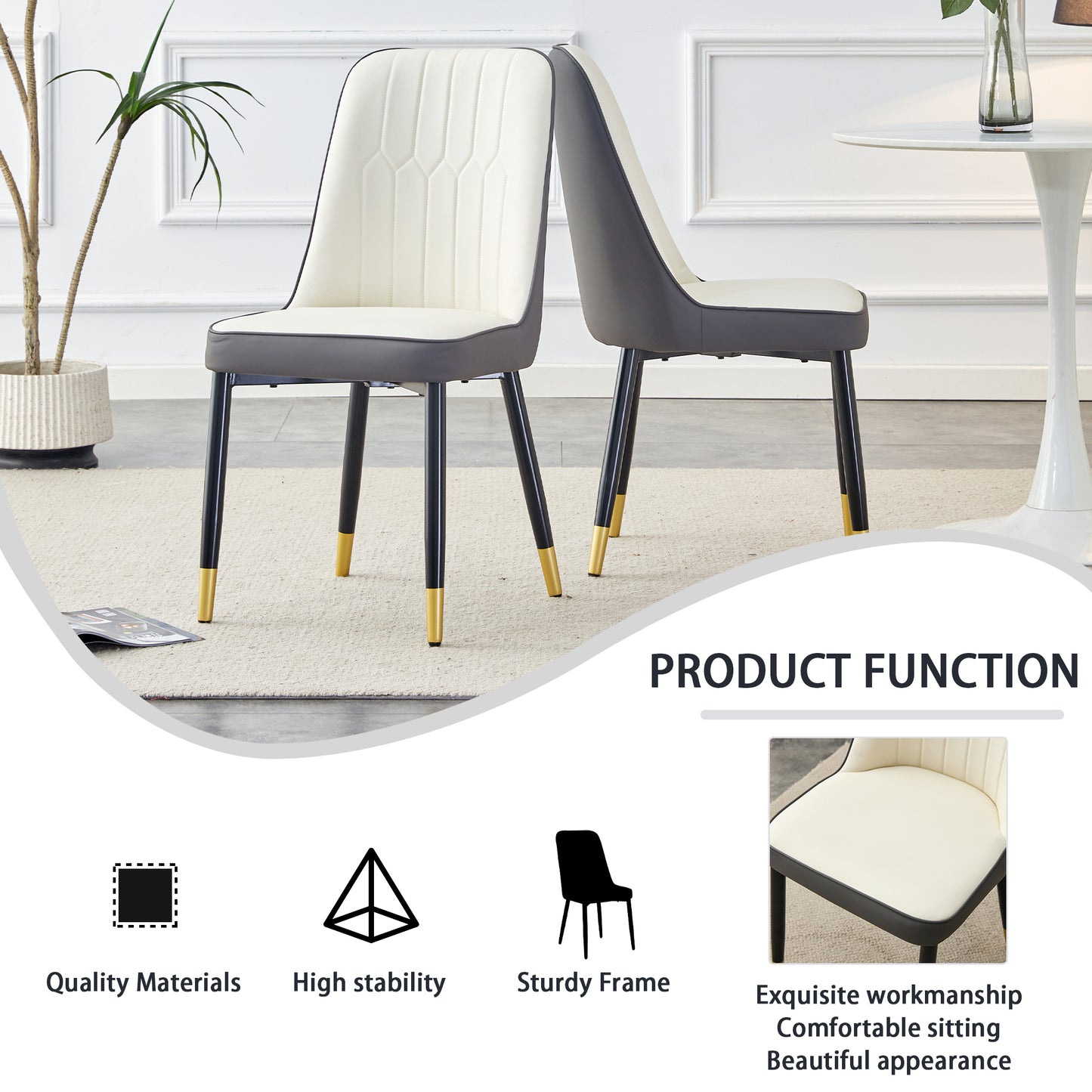 Large modern minimalist rectangular dining table with 0.39 "imitation marble black tabletop and golden metal legs, paired with chairs with PU cushions and black metal legs. F-1538 C-007
