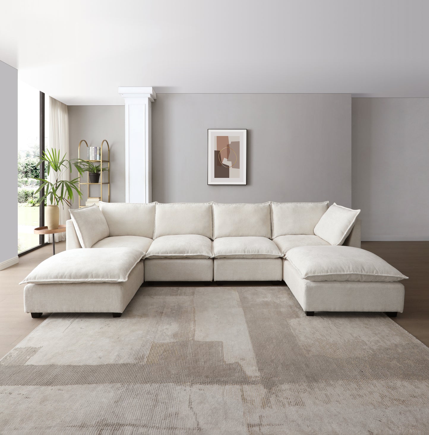 Sofá modular seccional de 130 pulgadas, juego de sofá de tela de lino con otomana convertible, sofá en forma de U, cómodo y combinable para sala de estar, apartamento y oficina. Beige, 3 colores.