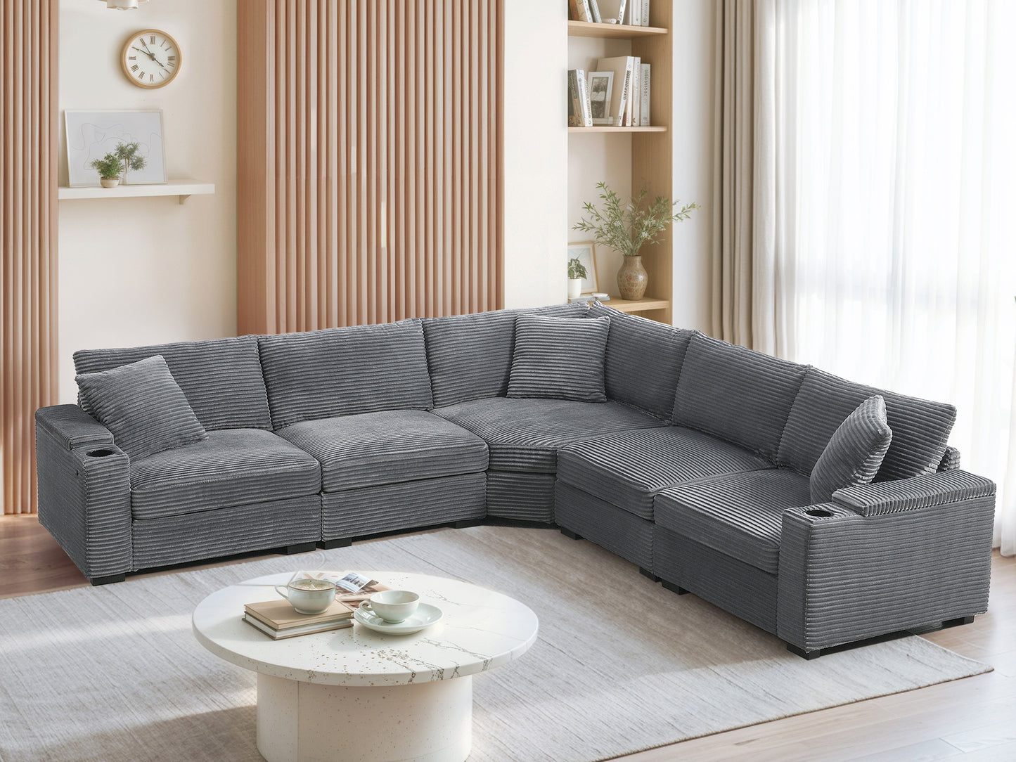 106" Convertible L Shaped Sectional Sofa,Corduroy Corner Couch with Armrest Storage,Cup Holders,USB Charger,Irregular Corner,Oversized Comfy Modular Sofa for Living Room,Apartment,2 Colors