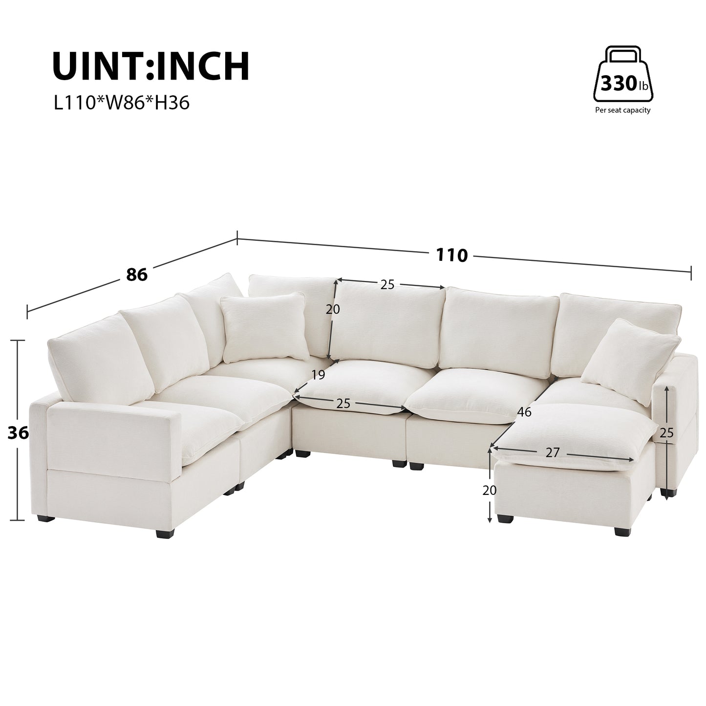 110*86" Modern U Shape Modular Sofa, 7 Seat Chenille Sectional Couch Set with 2 Pillows Included, Freely Combinable Indoor Funiture for Living Room, Apartment, Office, 2 Colors