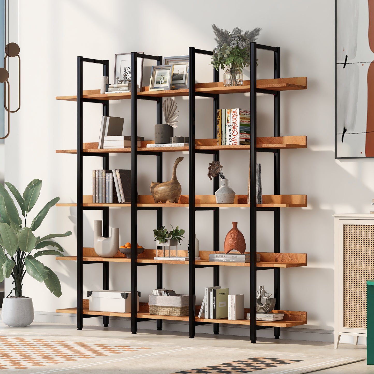Estantería de 5 niveles para oficina en casa, estilo industrial vintage, tablero de MDF, estructura de metal negro, color marrón.