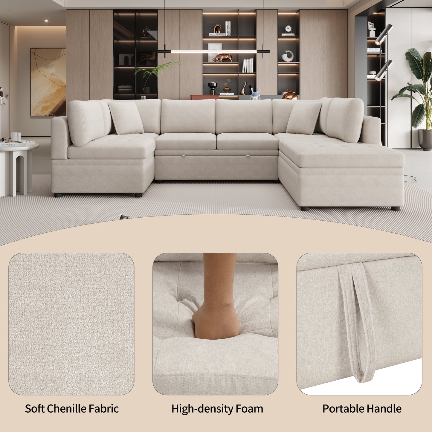 Sofá seccional extragrande de 117.3" en forma de U, sofá cama extraíble con dos cojines para sala de estar, color beige