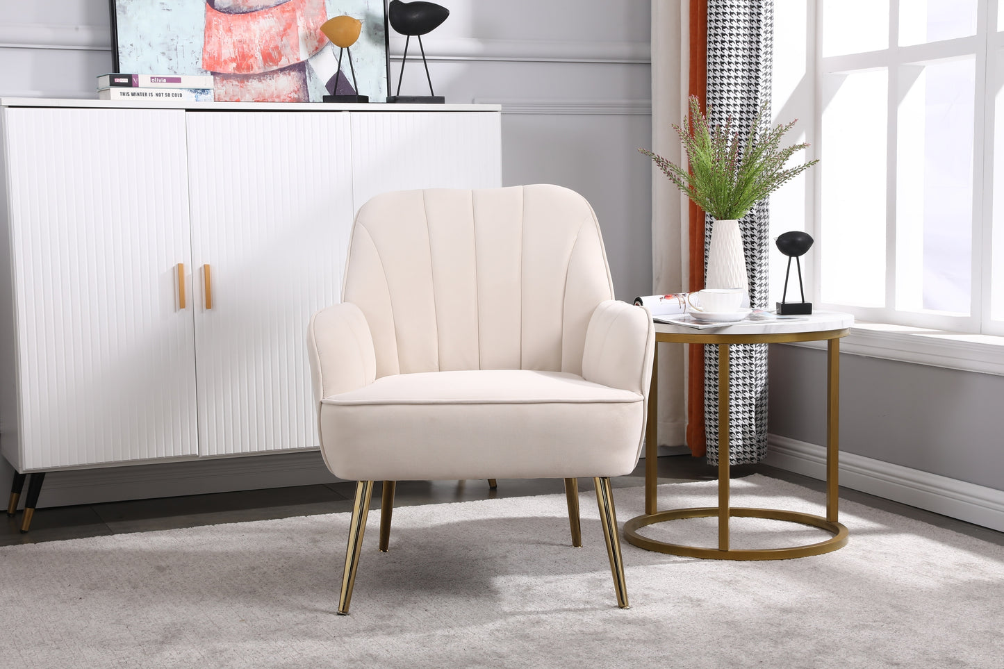 Modern Mid Century Chair velvet Sherpa Armchair for Living Room Bedroom Office Easy Assemble(BEIGE)