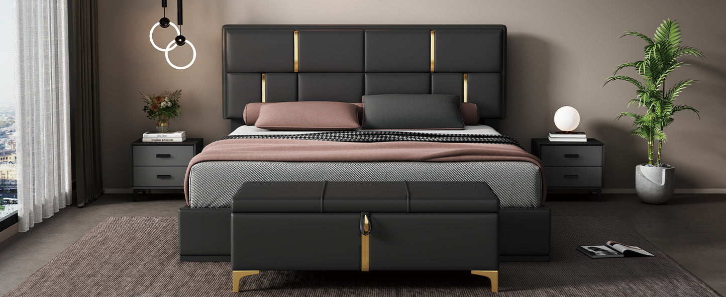 Juego de dormitorio de 2 piezas, cama Queen con plataforma tapizada y sistema de almacenamiento hidráulico, otomana con patas de metal, color negro