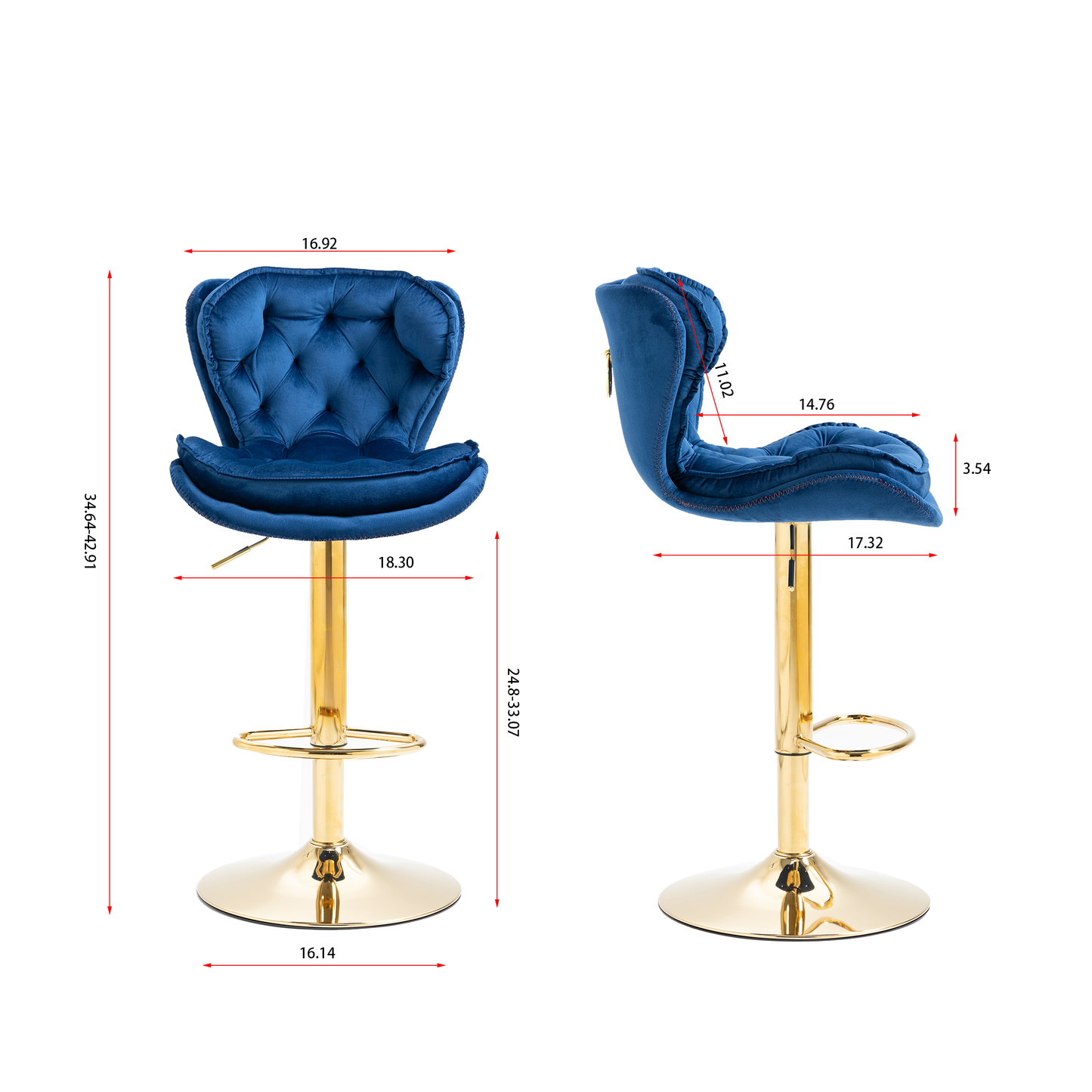 Set of 2 Bar Stools,with Chrome Footrest and Base Swivel Height Adjustable Mechanical Lifting Velvet + Golden Leg Simple Bar Stool-blue