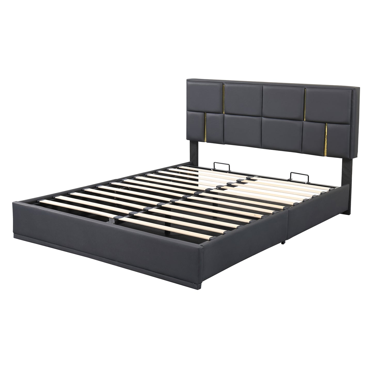 Juego de dormitorio de 2 piezas, cama Queen con plataforma tapizada y sistema de almacenamiento hidráulico, otomana con patas de metal, color negro