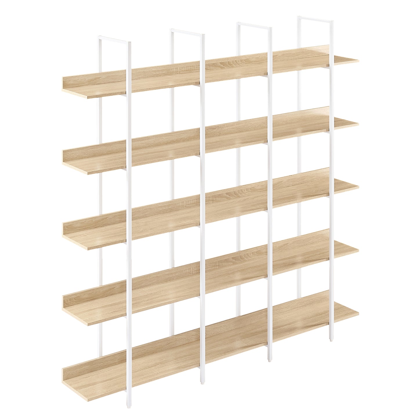 Librería de 5 niveles para oficina en casa, estilo industrial vintage, tablero de MDF, estructura de metal blanco, roble