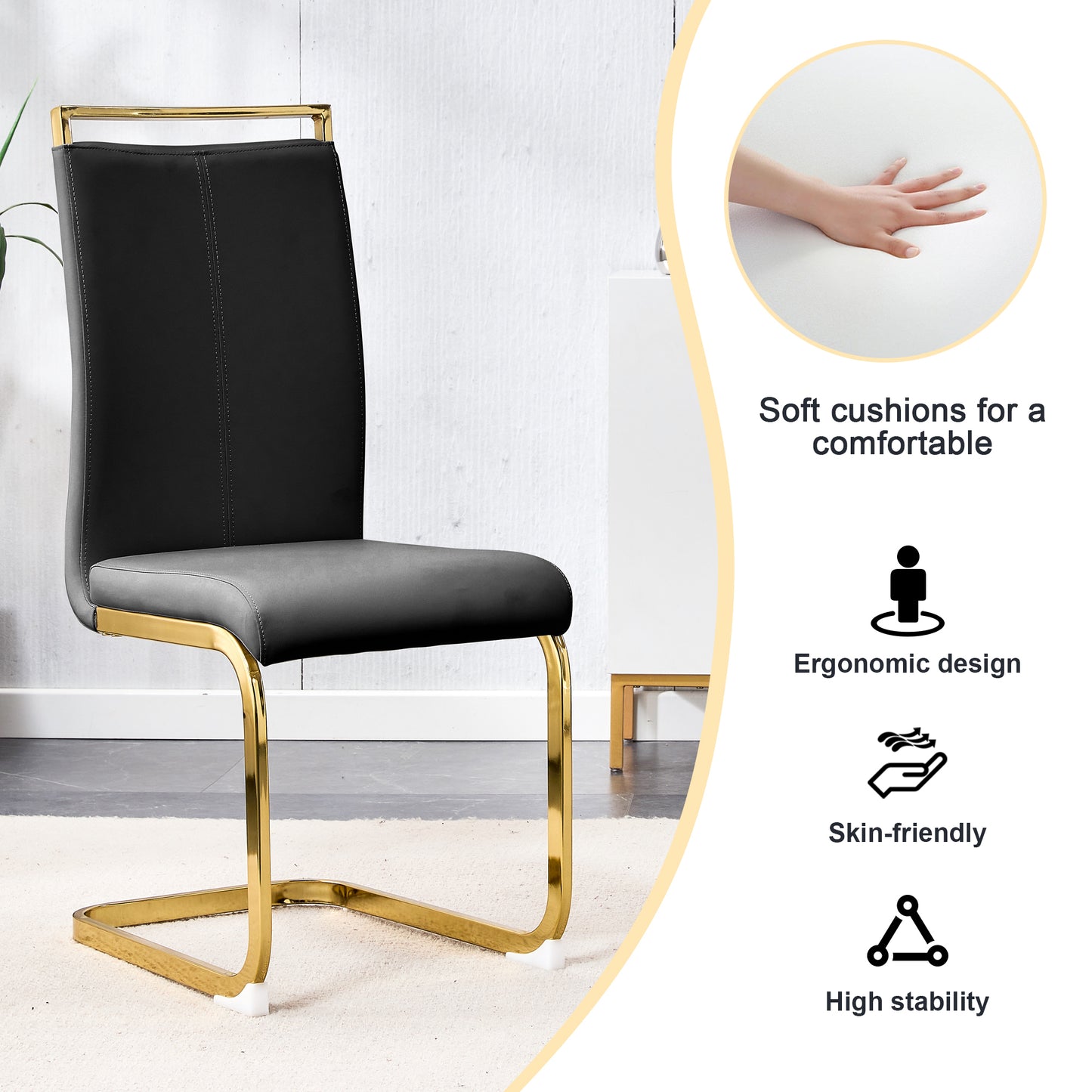 Table and chair set,Modern rectangular table with 0.4 inch black patterned tabletop and gold legs, suitable for kitchen, dining room, and living room , Comfortable PU seats,perfect for dinner, meet