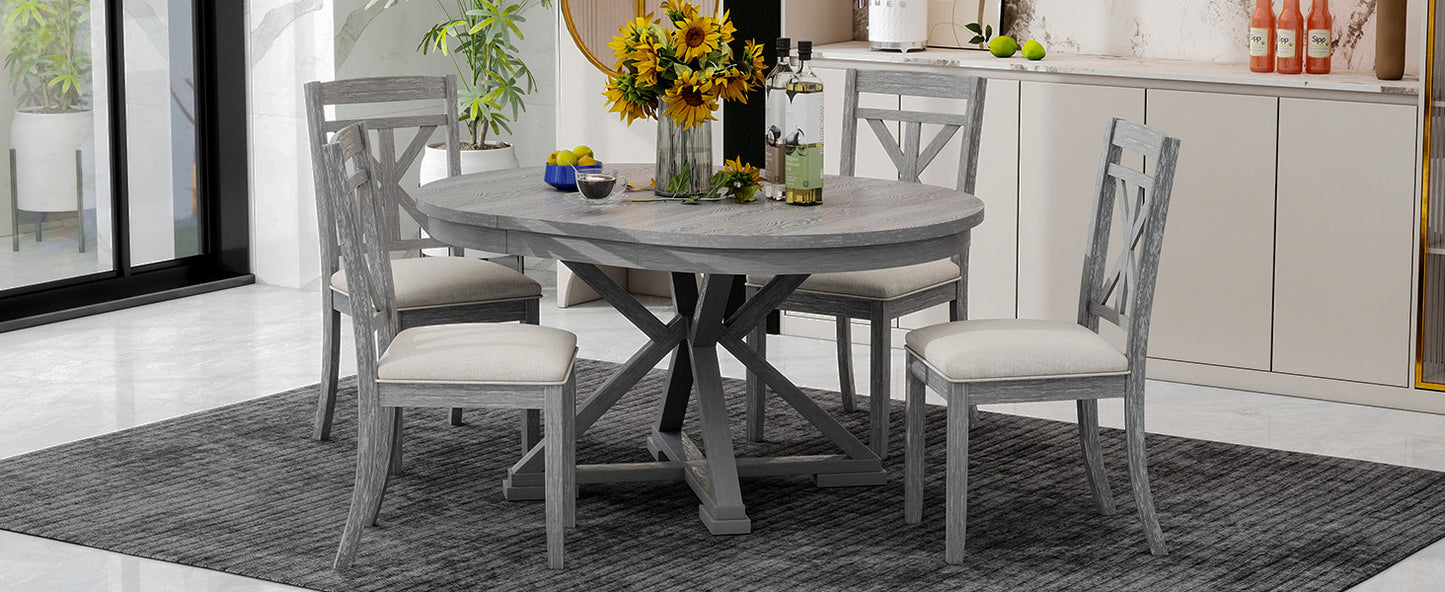 TREXM 5-Piece Retro Functional Dining Table Set Extendable Round Table and 4 Upholstered Chairs for Dining Room and Living Room (Grey)