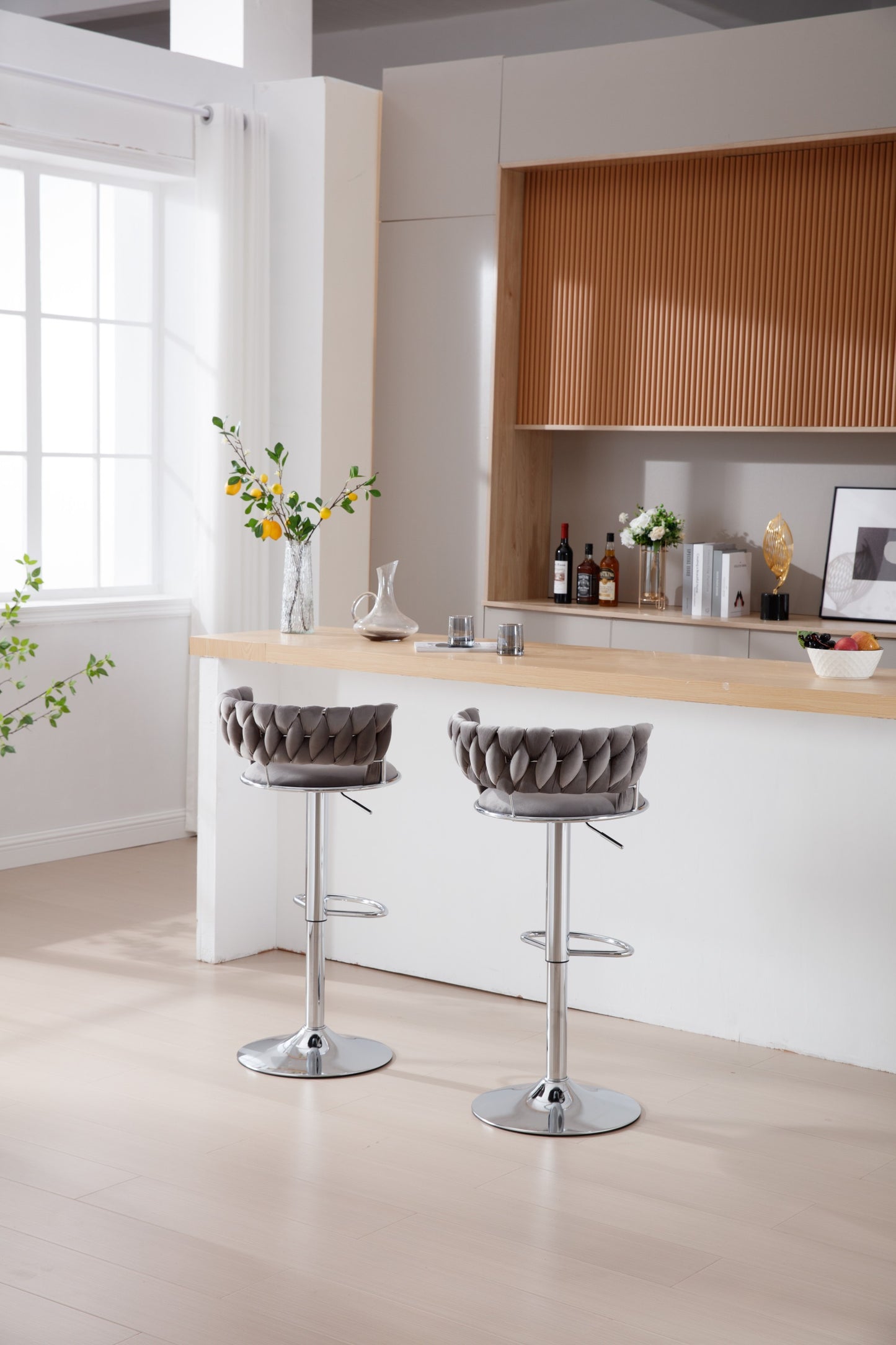 Set of 2 Bar Stools,with Chrome Footrest and Base Swivel Height Adjustable Mechanical Lifting Velvet + Bar Stool-GREY