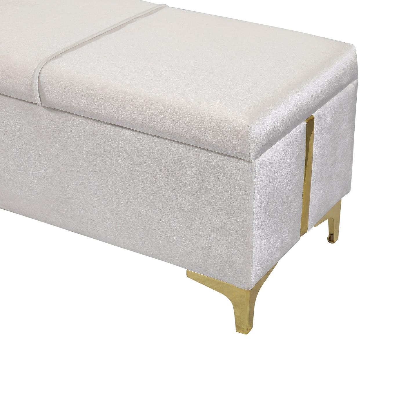 Juego de dormitorio de 2 piezas, cama Queen con plataforma tapizada y sistema de almacenamiento hidráulico, otomana con patas de metal, color beige.