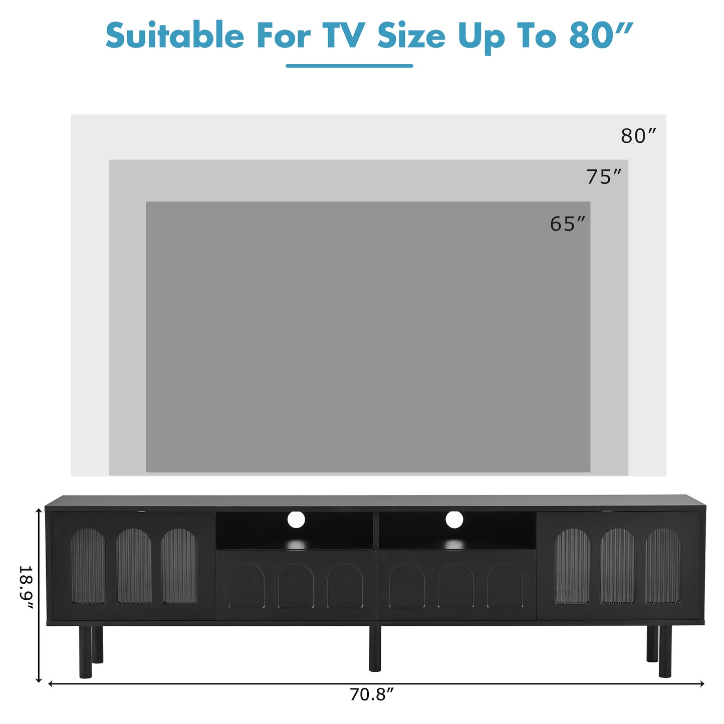 ON-TREND Cream Style TV Stand with LED Light Strip for TVs Up to 80'', Graceful Entertainment Center with 5 Solid Wood Legs, Large Storage Media Console with Fluted Tempered Glass Doors, Black