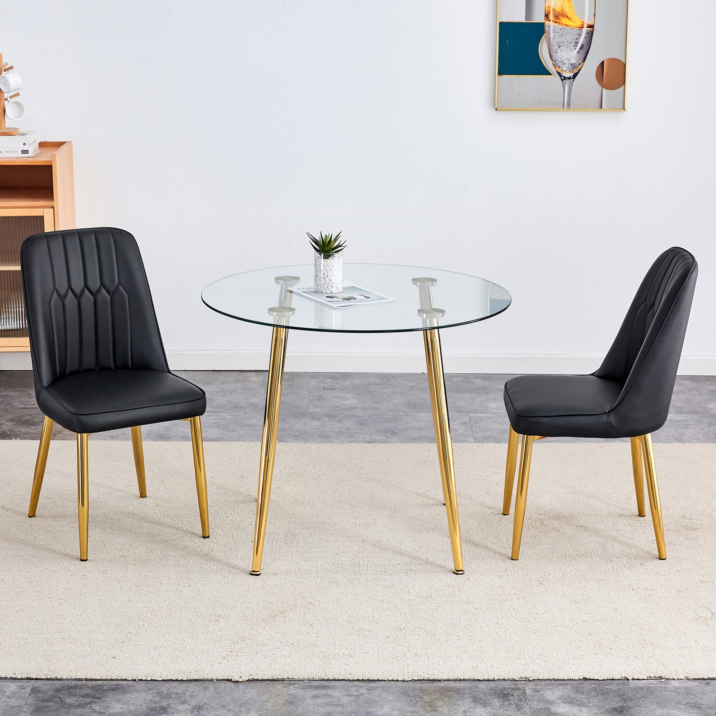 Table and chair set.36 Inch Diameter Modern Luxury Glass Dining Table and Chair Set - Gold Frame, Metal Legs.Two Black PU Chairs with Simple Line Designs On The Backrest.
