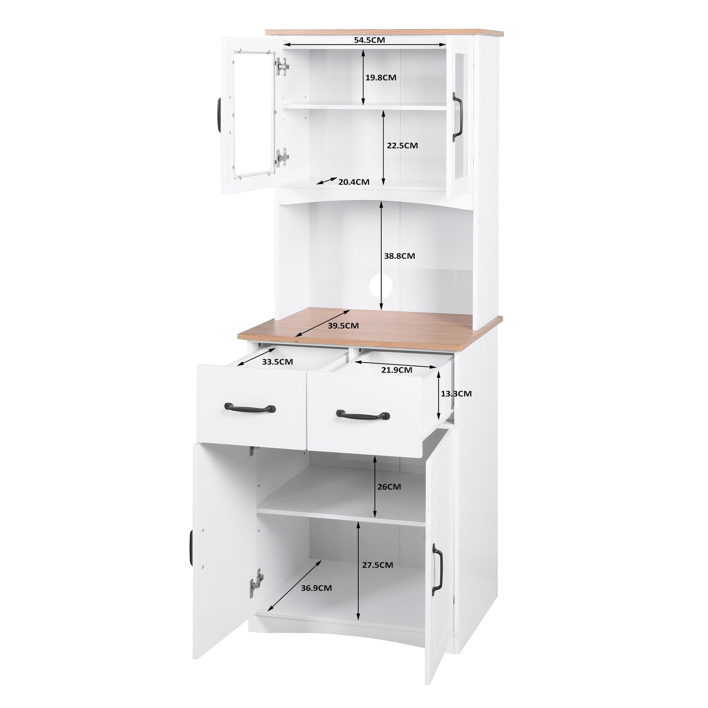 Gabinete de cocina de madera blanco para despensa, armario para microondas con puertas de vidrio enmarcadas y cajón.