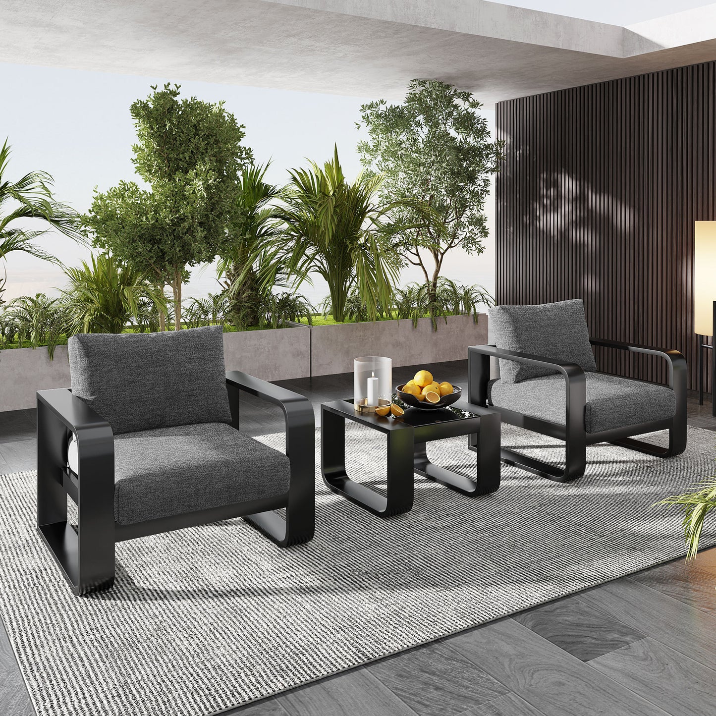 GO 3-pieces Aluminum Frame Patio Furniture With 6.7' Thick Cushion And Coffee Table, All Weather Use Olefin fabric Outdoor Chair, Gray And Black