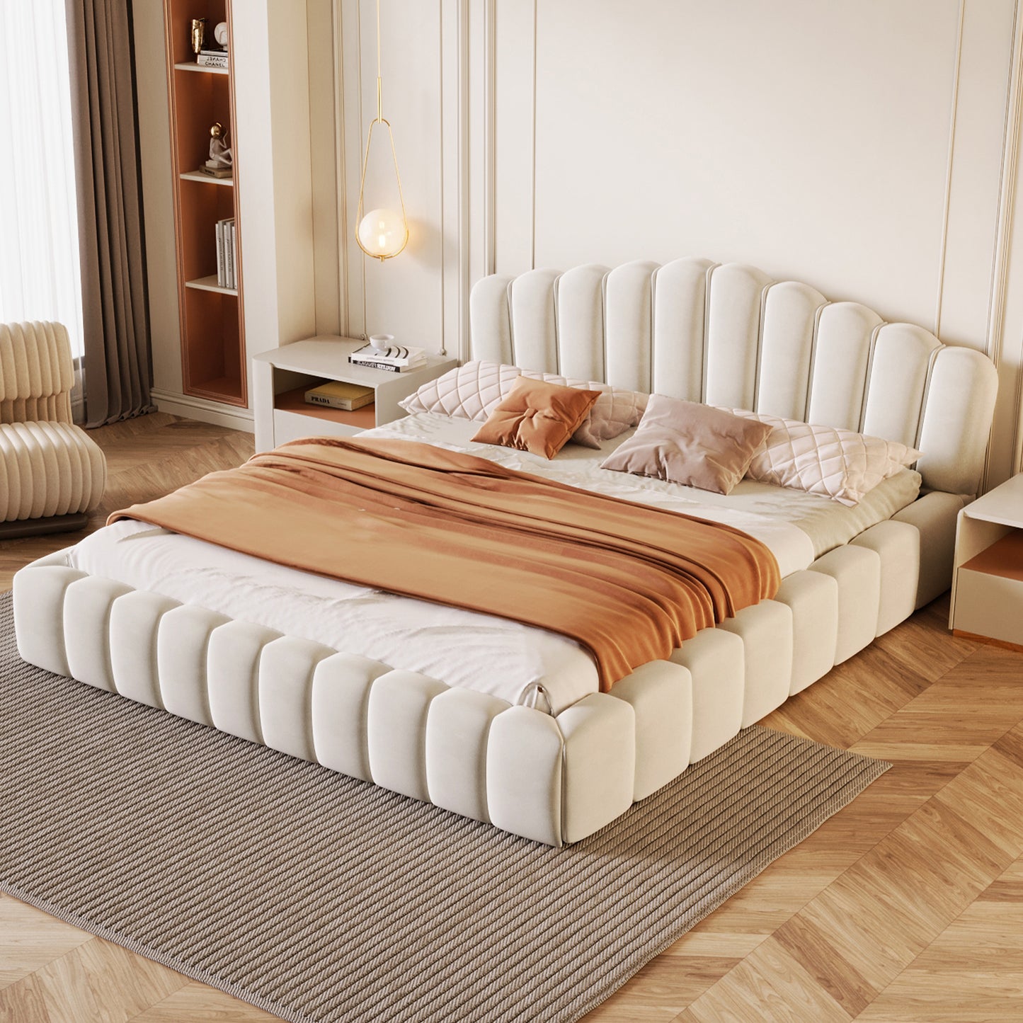 Cama Queen tapizada en terciopelo con cabecero en forma de concha para dormitorio (no necesita somier), color beige