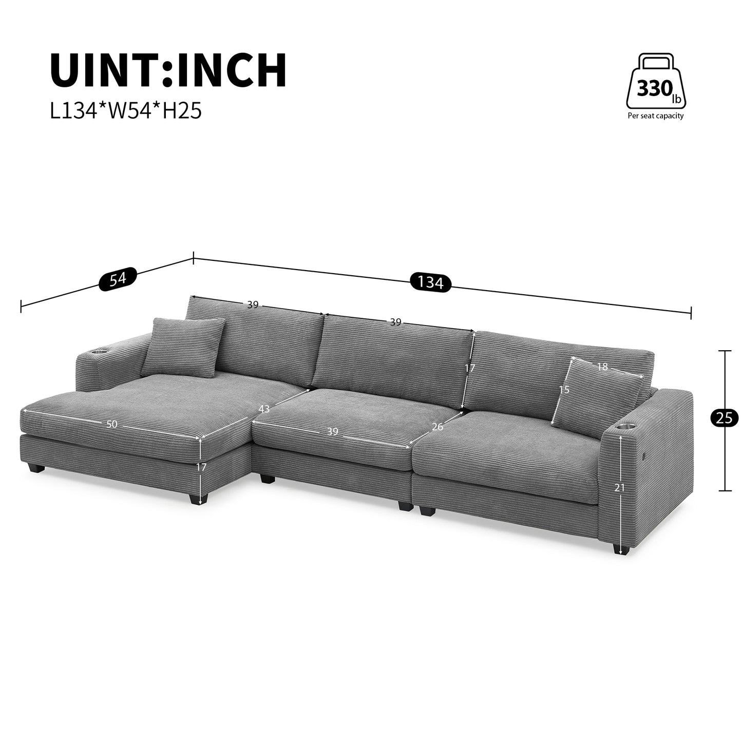 Sofá seccional extragrande de pana de 134 x 54 pulgadas, sofá nube en forma de L con puerto de carga USB, portavasos, sofá cama profundo con chaise longue de 50 pulgadas, cómodo mueble de interior para sala de estar, 3 colores