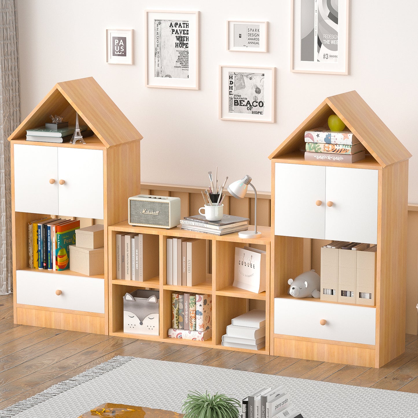 Estantería infantil versátil con diseño en forma de casa, almacenamiento multifuncional para libros y juguetes, ubicación ajustable, organizador infantil duradero para sala de juegos o dormitorio, fácil de montar y seguro para niños.
