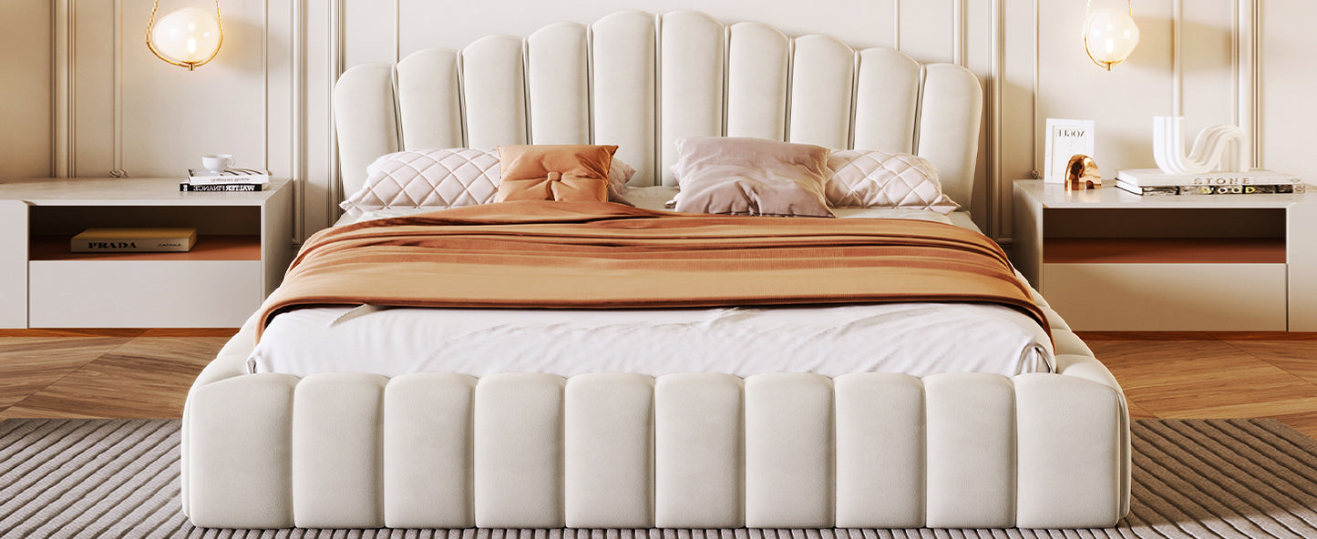 Cama Queen tapizada en terciopelo con cabecero en forma de concha para dormitorio (no necesita somier), color beige