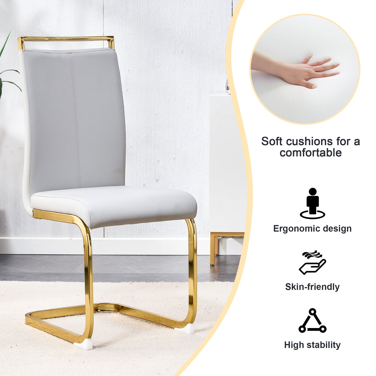 Table and chair set.Large modern rectangular table with 0.4 inch patterned glass tabletop and large MDF table legs.Comes with 6 chairs with faux leather cushioned seats and golden metal legs.