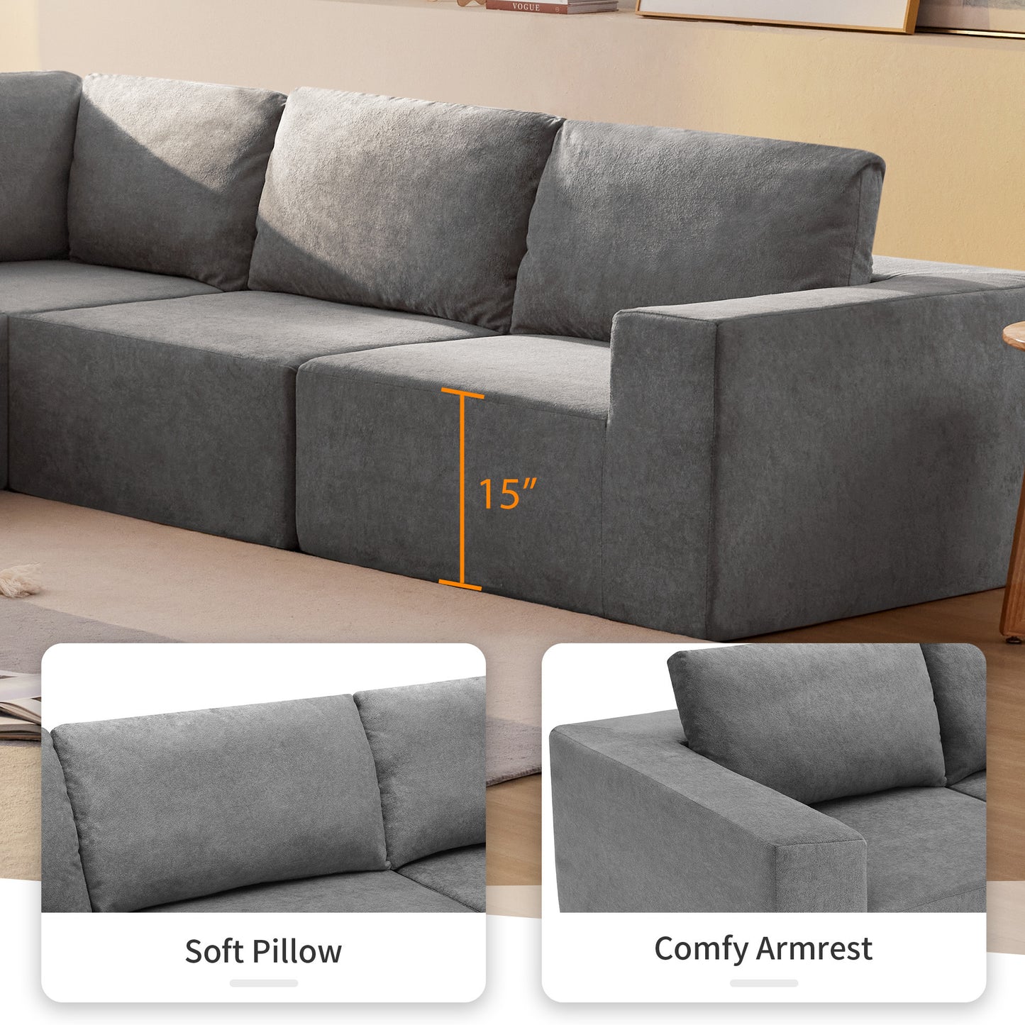Sofá modular seccional en forma de L de 116 x 116 pulgadas, juego de sofá de piso de lujo, muebles de interior tapizados, sofá de espuma comprimida para sala de estar y dormitorio, combinación de 5 piezas, 3 colores