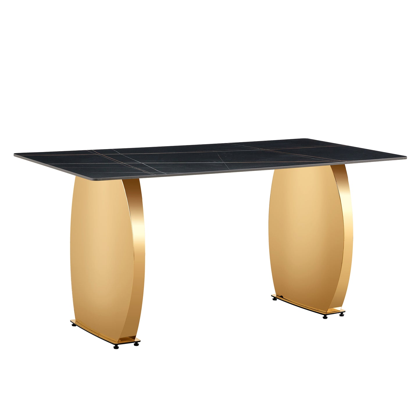 Table and chair set,Modern rectangular table with 0.4 inch black patterned tabletop and gold legs, suitable for kitchen, dining room, and living room , Comfortable PU seats,perfect for dinner, meet