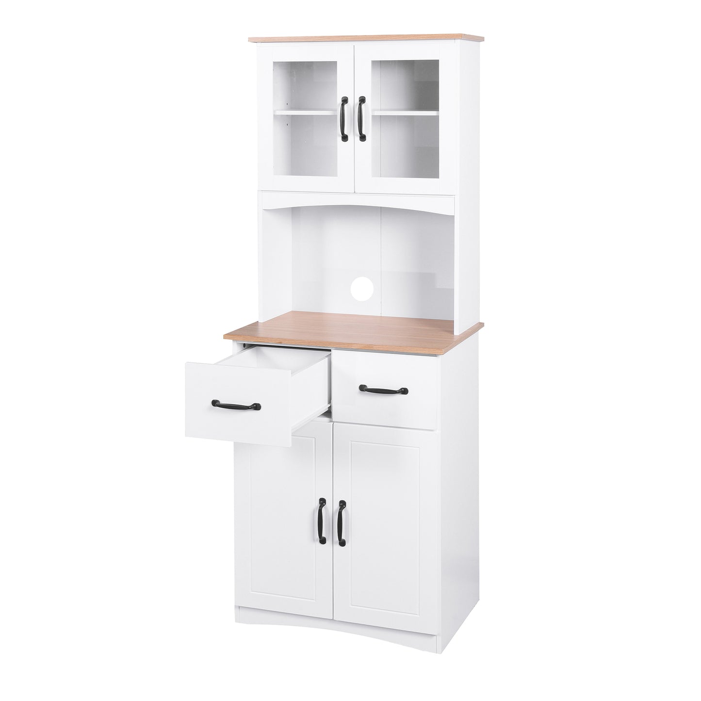 Gabinete de cocina de madera blanco para despensa, armario para microondas con puertas de vidrio enmarcadas y cajón.