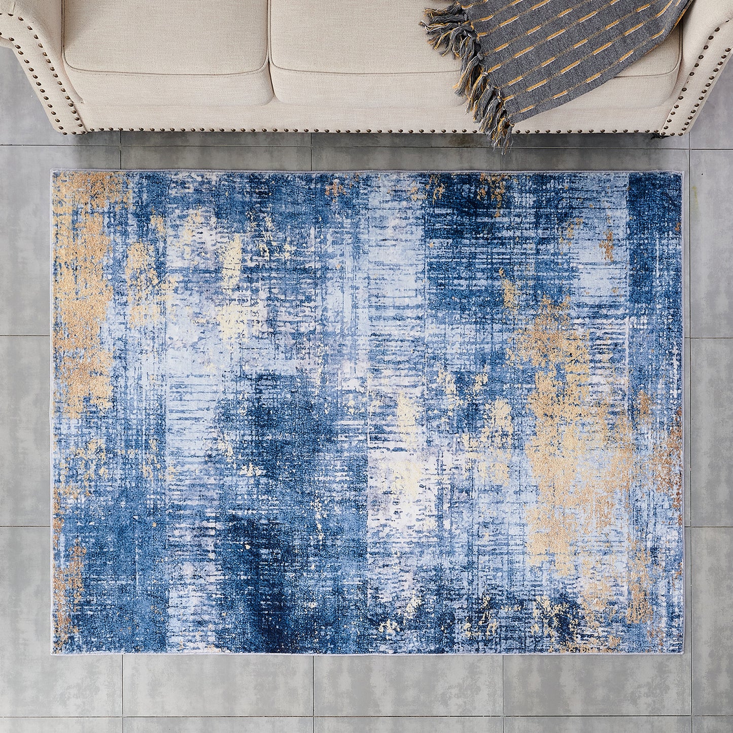 ZARA Collection Abstract Design Blue Gold (6' ft x 4' ft) Machine Washable Super Soft Area Rug