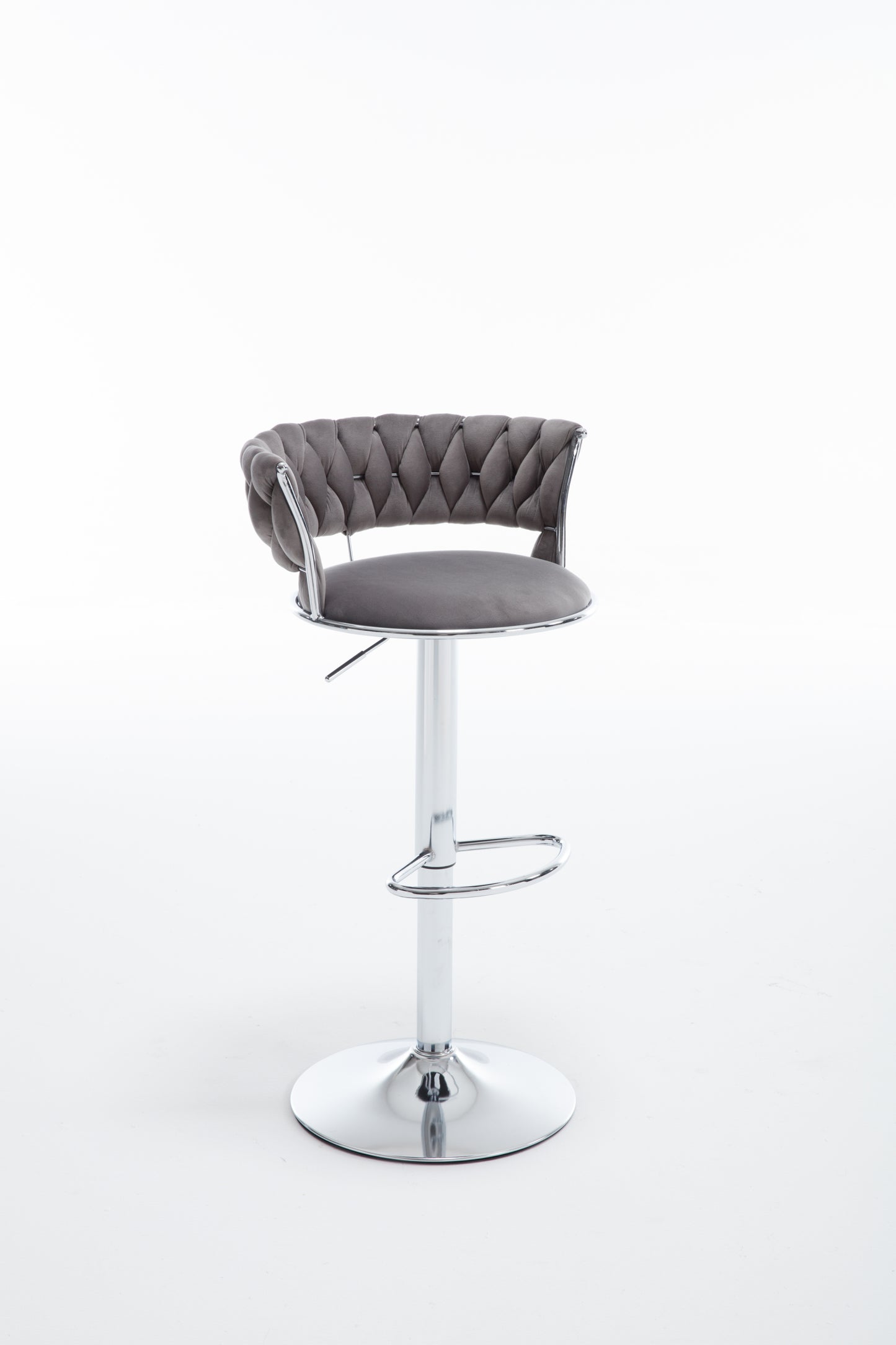 Set of 2 Bar Stools,with Chrome Footrest and Base Swivel Height Adjustable Mechanical Lifting Velvet + Bar Stool-GREY