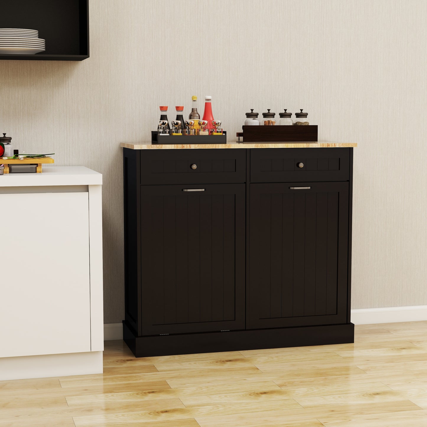 Gabinete de basura abatible con dos cajones y dos compartimentos Gabinete de basura de cocina - Negro