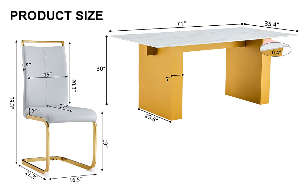 Table and chair set.Large modern rectangular table with 0.4 inch patterned glass tabletop and large MDF table legs.Comes with 6 chairs with faux leather cushioned seats and golden metal legs.