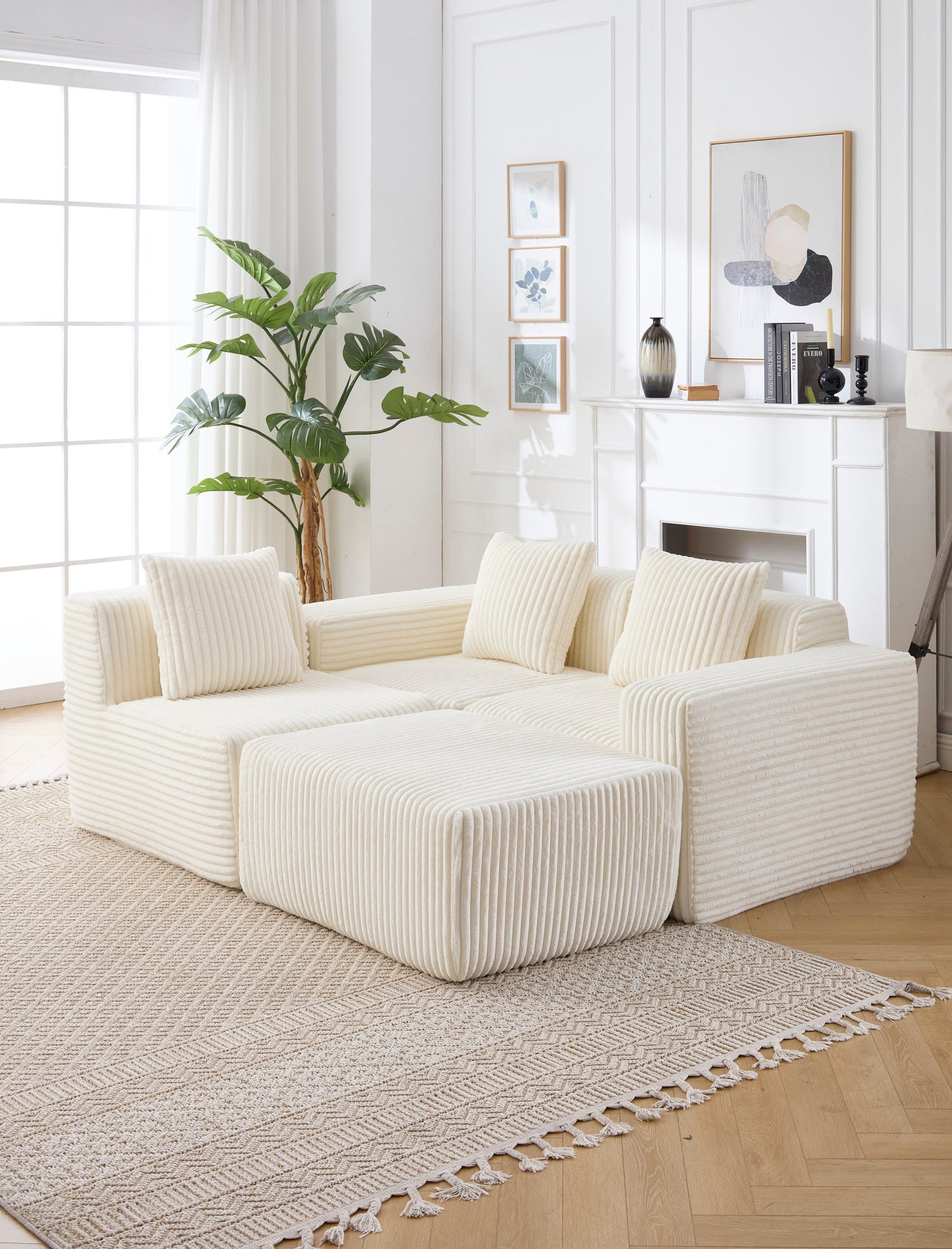 Modern Minimalist Modular Sectional Sofa, L-Shape Upholstered Cloud Couch with Deep Seats, Right Facing Chaise for Living Room-White