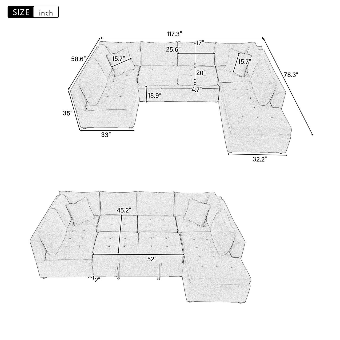 Sofá seccional extragrande de 117.3" en forma de U, sofá cama extraíble con dos cojines para sala de estar, color beige